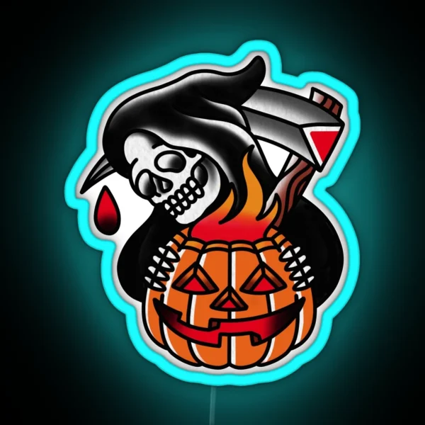 Traditional Reaper With Pumpking Tattoo Piece RGB Neon Sign