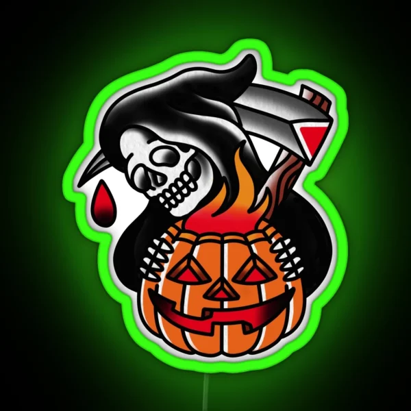 Traditional Reaper With Pumpking Tattoo Piece RGB Neon Sign