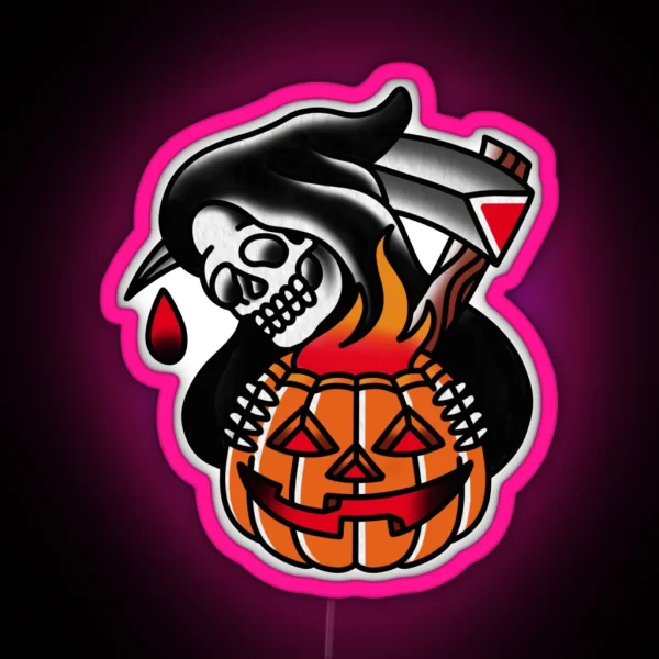 Traditional Reaper With Pumpking Tattoo Piece RGB Neon Sign