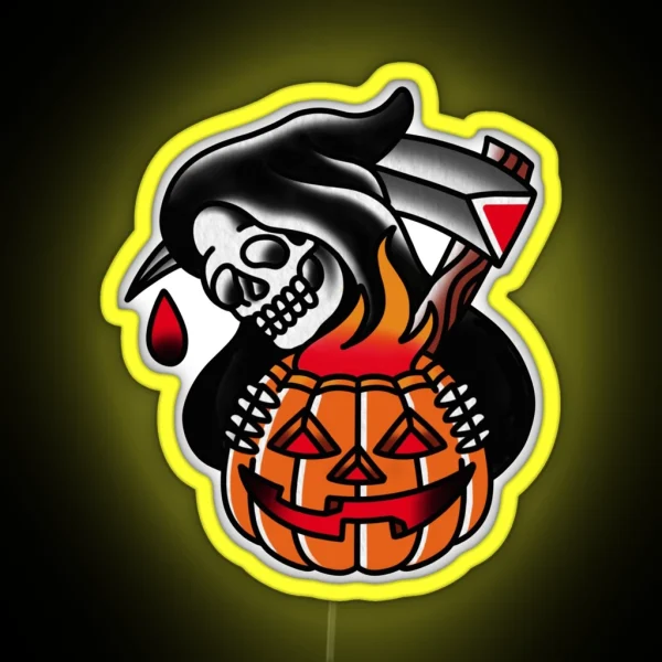 Traditional Reaper With Pumpking Tattoo Piece RGB Neon Sign