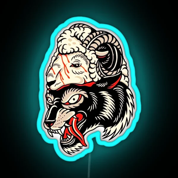 Traditional Wolf In Sheep Head Tattoo RGB Neon Sign