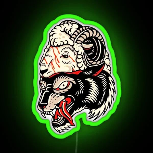 Traditional Wolf In Sheep Head Tattoo RGB Neon Sign