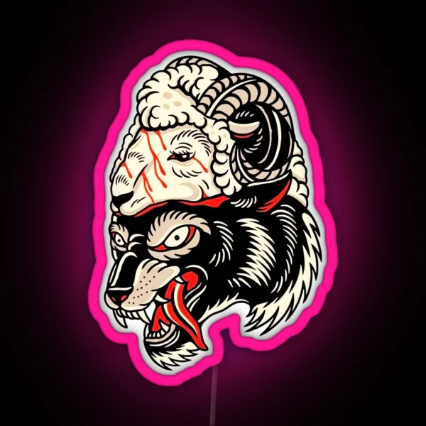 Traditional Wolf In Sheep Head Tattoo RGB Neon Sign