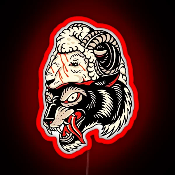 Traditional Wolf In Sheep Head Tattoo RGB Neon Sign