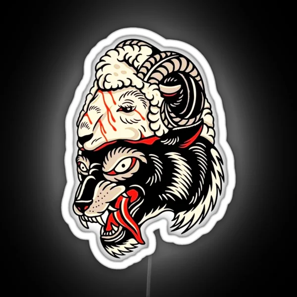 Traditional Wolf In Sheep Head Tattoo RGB Neon Sign