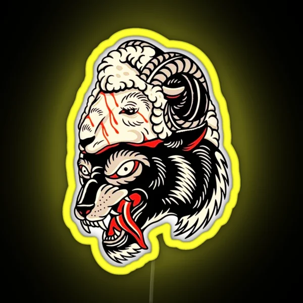 Traditional Wolf In Sheep Head Tattoo RGB Neon Sign