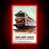 Retro travel-inspired vintage Trans Europe Express neon sign with colorful lights.