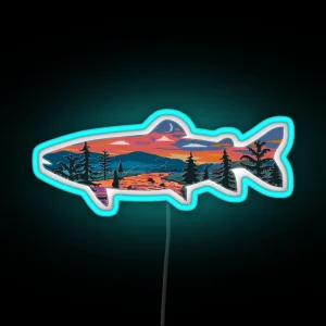 Trout Silhouette Fly Fishing Mountain Sunset River Stream Art RGB Neon Sign