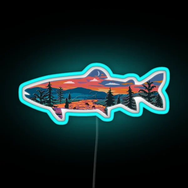 Trout Silhouette Fly Fishing Mountain Sunset RGB Neon Sign