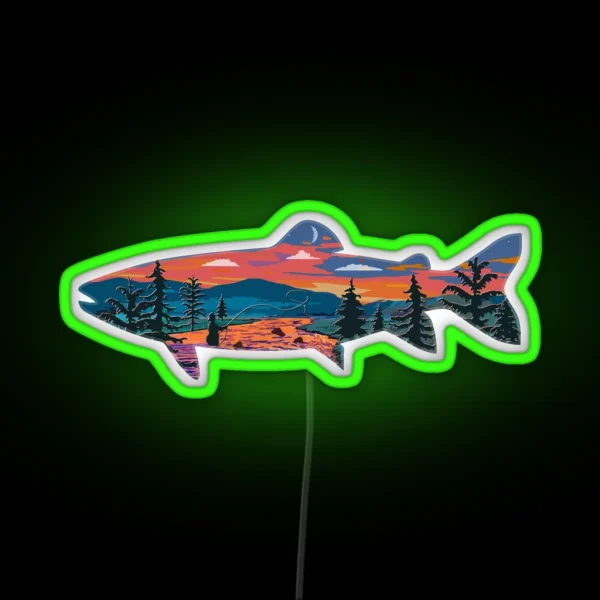 Trout Silhouette Fly Fishing Mountain Sunset RGB Neon Sign