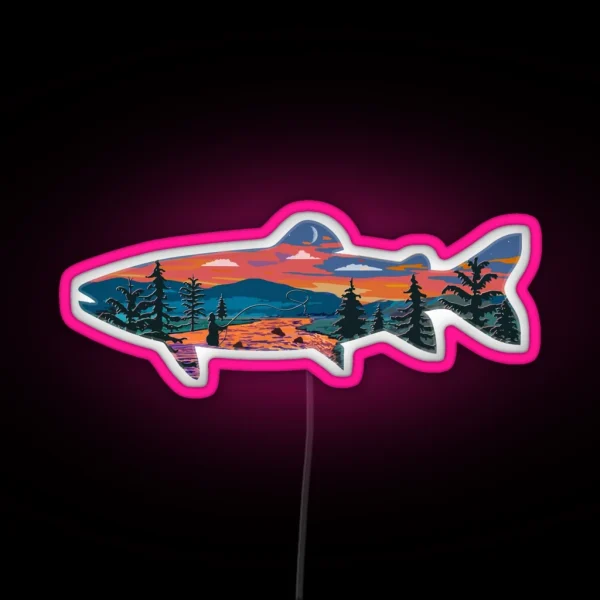 Trout Silhouette Fly Fishing Mountain Sunset RGB Neon Sign