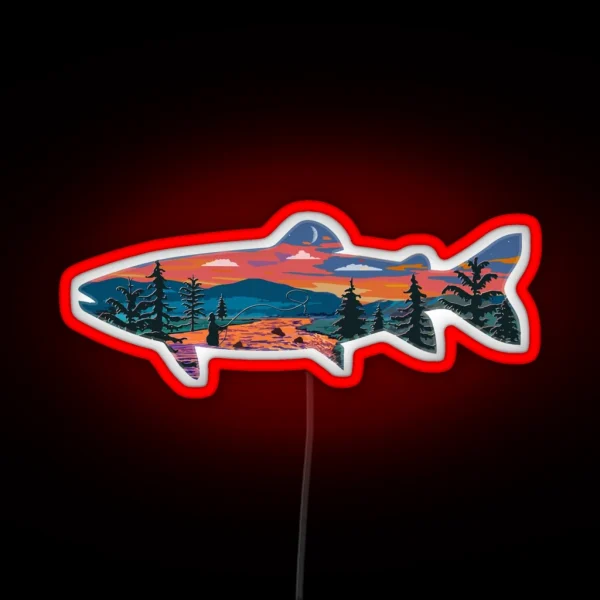 Trout Silhouette Fly Fishing Mountain Sunset RGB Neon Sign