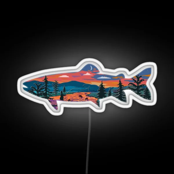 Trout Silhouette Fly Fishing Mountain Sunset RGB Neon Sign