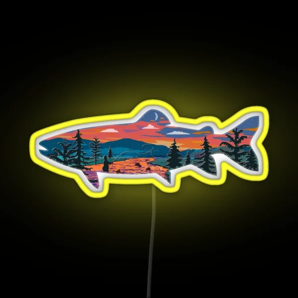 Trout Silhouette Fly Fishing Mountain Sunset RGB Neon Sign