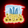 Vibrant Tryzub Ukrainian symbol field lighting in multicolor neon glow.