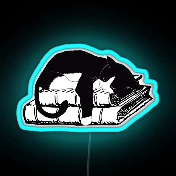 Tuxedo Cat Sleeping On Books Realistic Cat Lover Led RGB Neon Sign