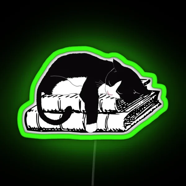 Tuxedo Cat Sleeping On Books Realistic Cat Lover Led RGB Neon Sign