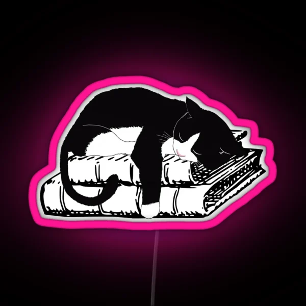 Tuxedo Cat Sleeping On Books Realistic Cat Lover Led RGB Neon Sign
