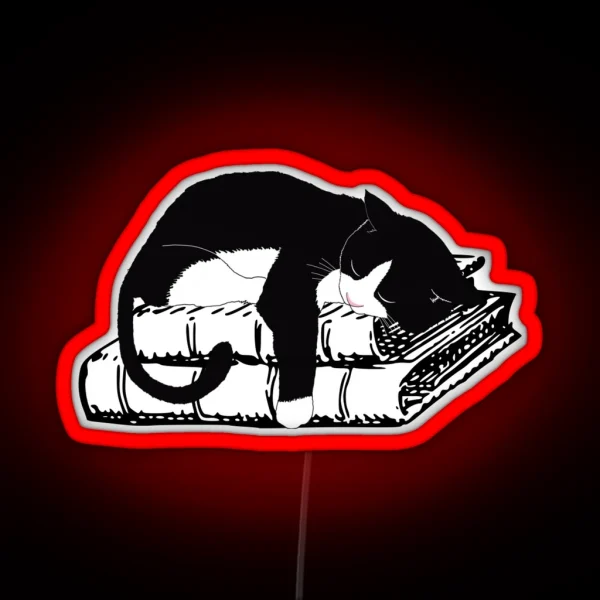 Tuxedo Cat Sleeping On Books Realistic Cat Lover Led RGB Neon Sign