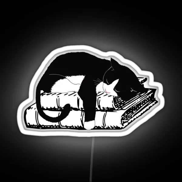 Tuxedo Cat Sleeping On Books Realistic Cat Lover Led RGB Neon Sign