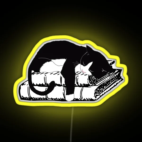 Tuxedo Cat Sleeping On Books Realistic Cat Lover Led RGB Neon Sign