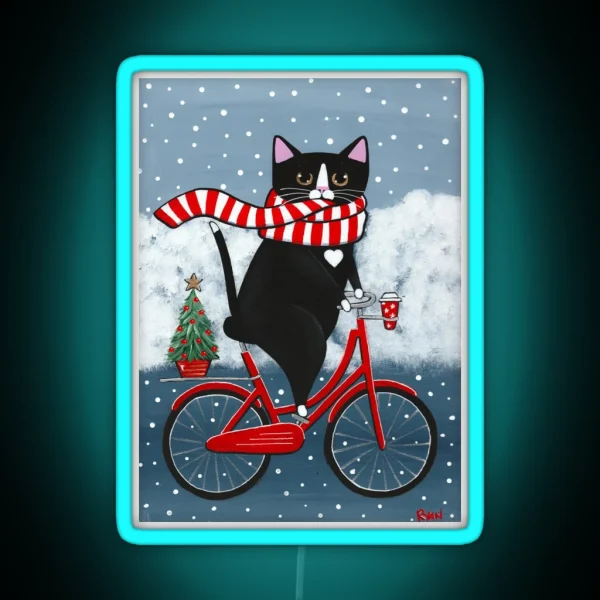 Tuxedo Cat Winter Bicycle Ride RGB Neon Sign