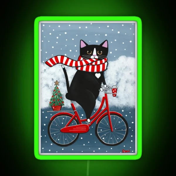 Tuxedo Cat Winter Bicycle Ride RGB Neon Sign