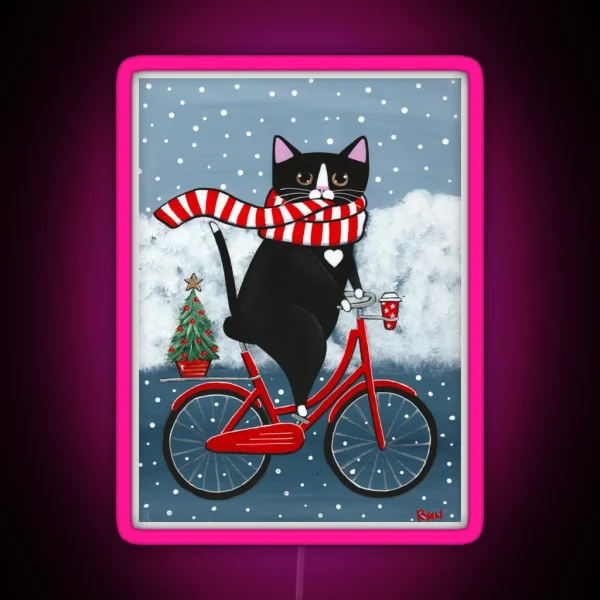 Tuxedo Cat Winter Bicycle Ride RGB Neon Sign