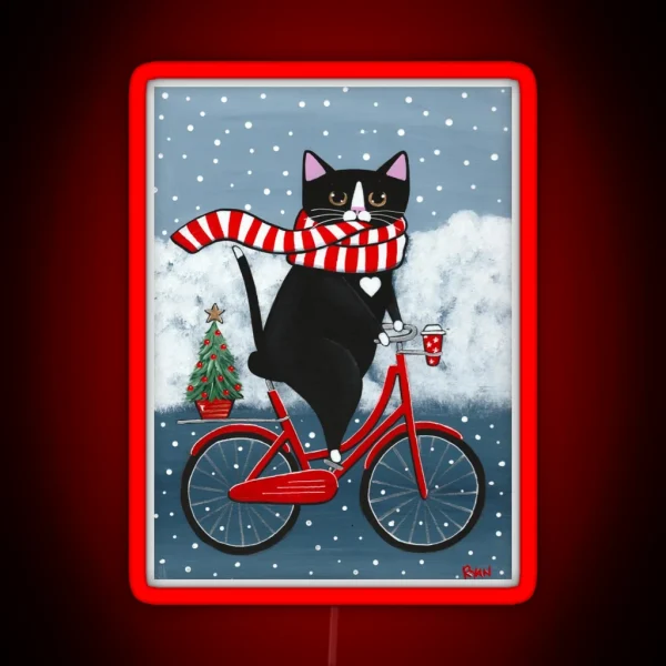 Tuxedo Cat Winter Bicycle Ride RGB Neon Sign
