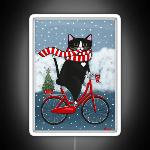 Tuxedo Cat Winter Bicycle Ride RGB Neon Sign