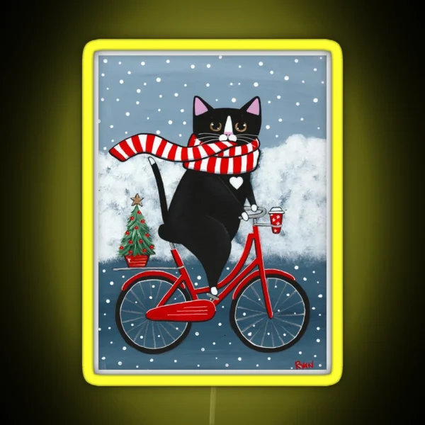 Tuxedo Cat Winter Bicycle Ride RGB Neon Sign