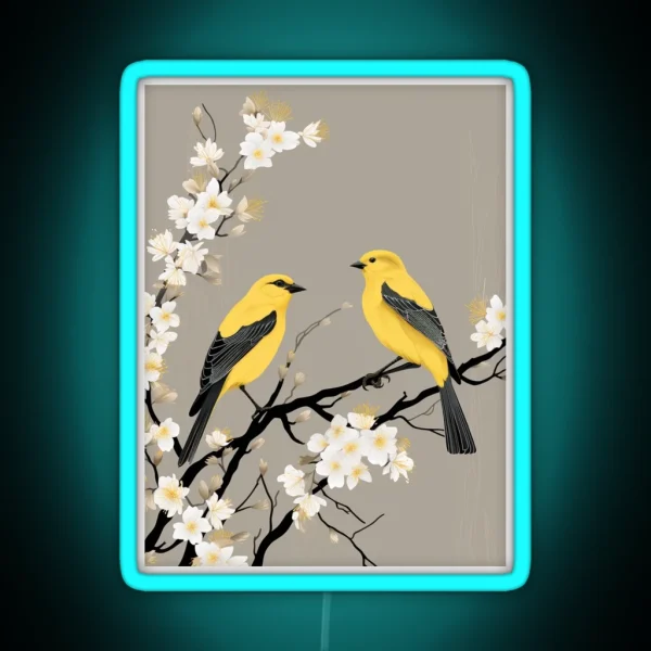 Two American Goldfinch On A White Apricot Branch RGB Neon Sign