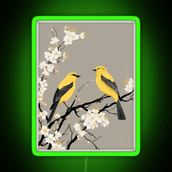Two American Goldfinch On A White Apricot Branch RGB Neon Sign