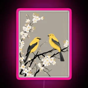 Two American Goldfinch On A White Apricot Branch RGB Neon Sign