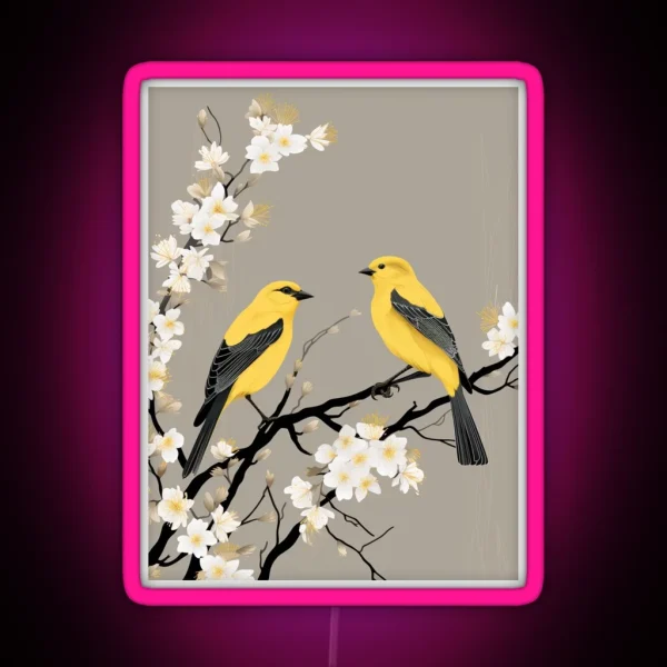 Two American Goldfinch On A White Apricot Branch RGB Neon Sign