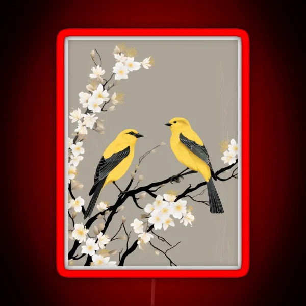 Two American Goldfinch On A White Apricot Branch RGB Neon Sign