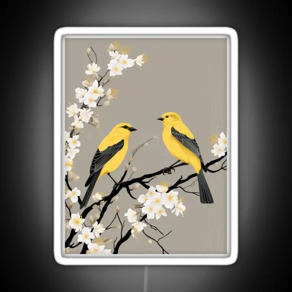 Two American Goldfinch On A White Apricot Branch RGB Neon Sign