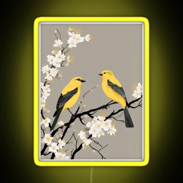 Two American Goldfinch On A White Apricot Branch RGB Neon Sign