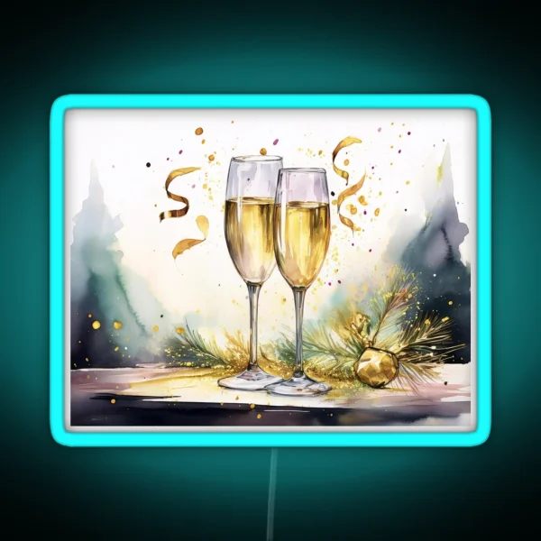 Two Glasses Of Sparkling Wine With Festive RGB Neon Sign