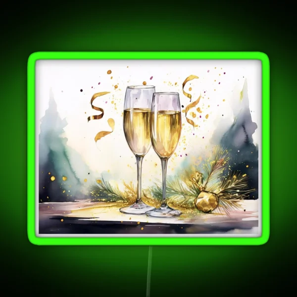 Two Glasses Of Sparkling Wine With Festive RGB Neon Sign