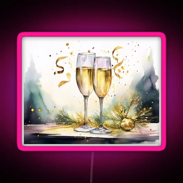 Two Glasses Of Sparkling Wine With Festive RGB Neon Sign