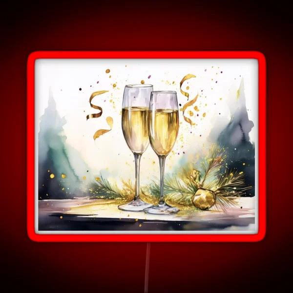 Two Glasses Of Sparkling Wine With Festive RGB Neon Sign