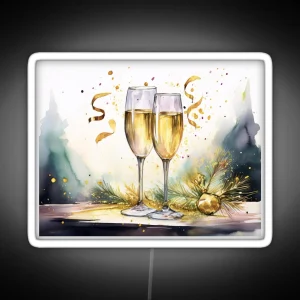 Two Glasses Of Sparkling Wine With Festive Confetti And A Golden Ornament RGB Neon Sign