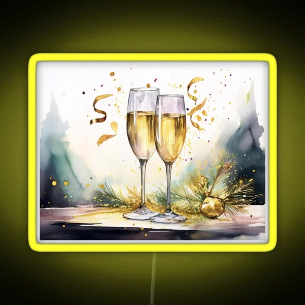 Two Glasses Of Sparkling Wine With Festive RGB Neon Sign