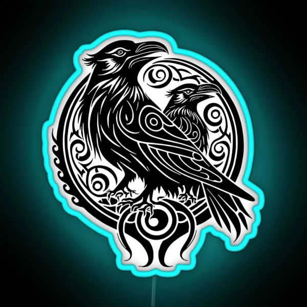 Two Ravens Silhouette Legendary Animals Tribal Art RGB Neon Sign