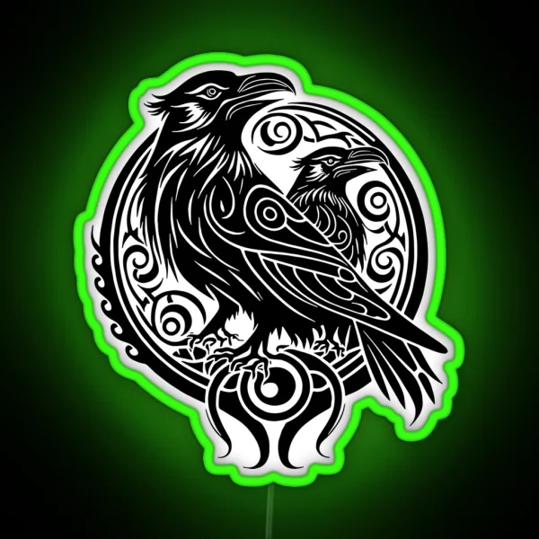 Two Ravens Silhouette Legendary Animals Tribal Art RGB Neon Sign