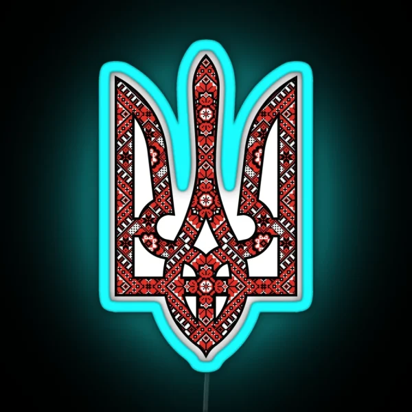 Ukraine Coat Of Arms Tryzub With Traditional Ornament RGB Neon Sign