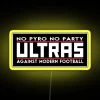 Protest signs against modern football's pyrotechnic culture with vibrant RGB LEDs