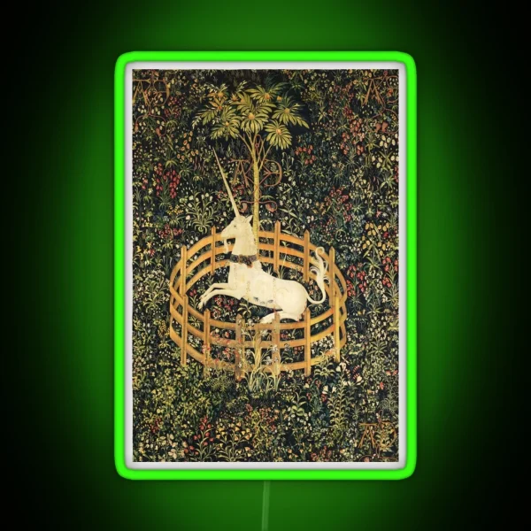 UNICORN IN CAPTIVITY AND GOTHIC FANTASY FLOWERS GREEN RGB Neon Sign