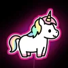Vibrant colorful unicorn LED sign with changing RGB neon lights.